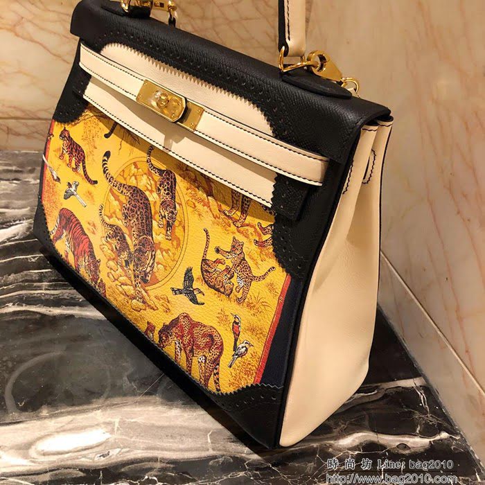HERMES愛馬仕 凱莉包 kelly 32cm 拼接印花圖案 時尚手提包  Ama1410
